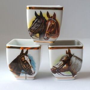 Limoges Porcelain Horse Equestrian Square Chocolate Cups Egg Cups Vintage France